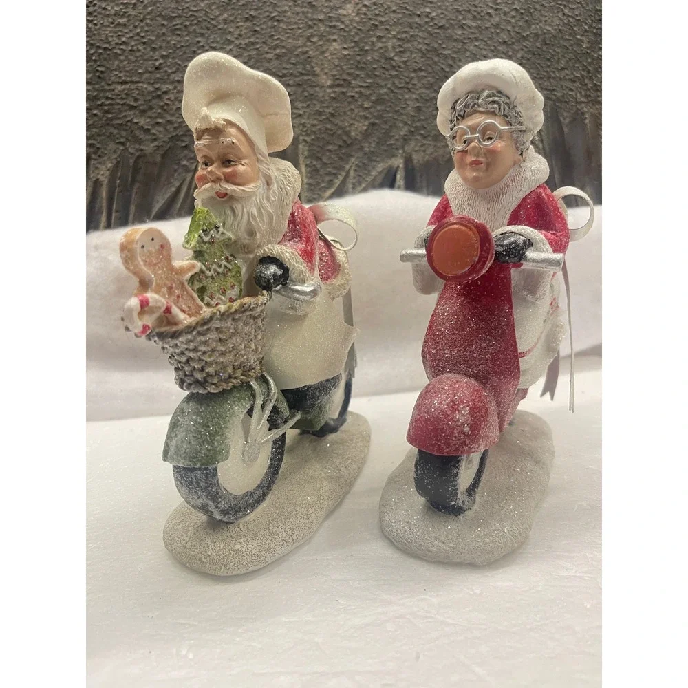 Valerie Parr Hill Santa and Mrs Claus Chef on Scooter Motorcycle Figurines Set